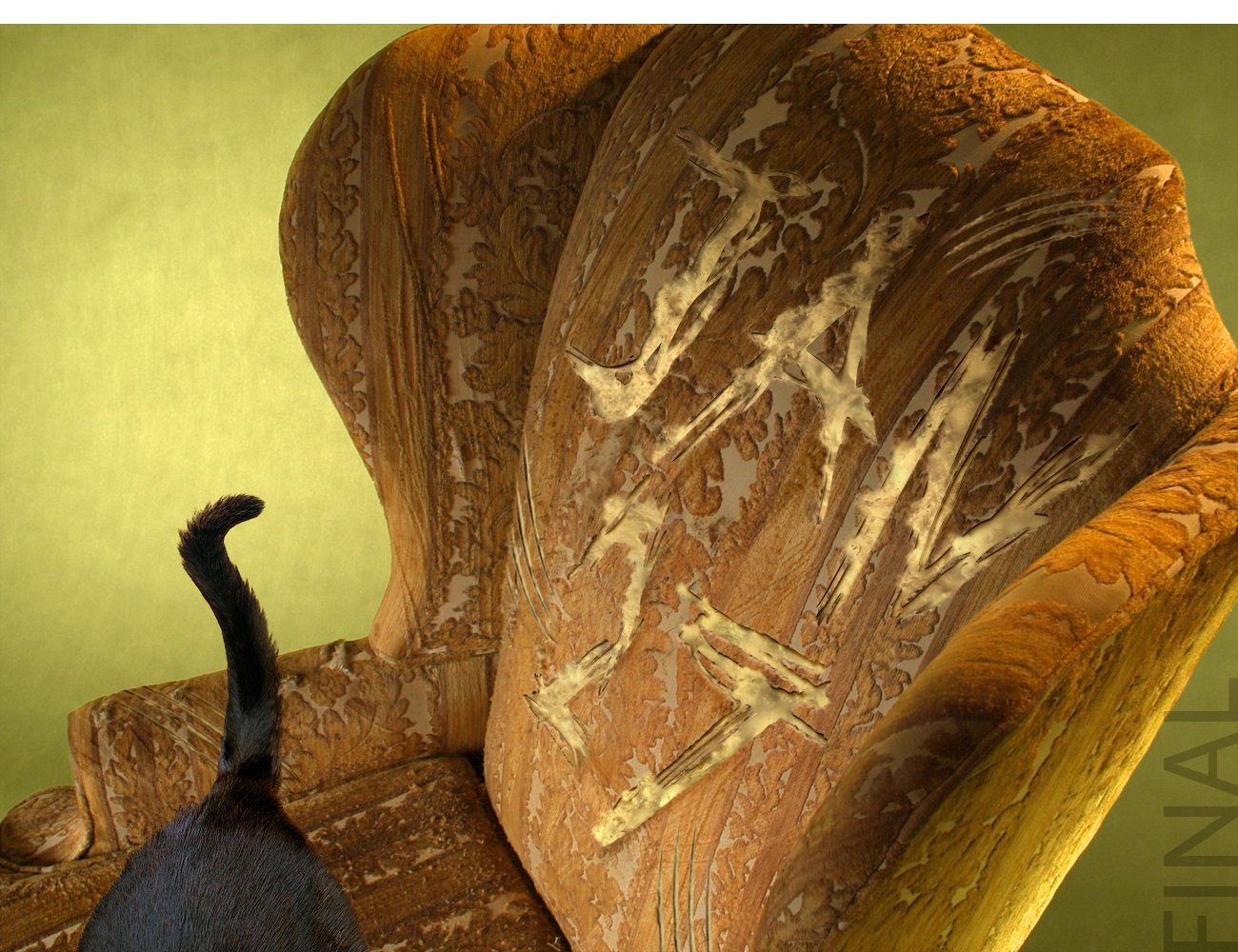 old chair after retouching with date scratched into upholstery