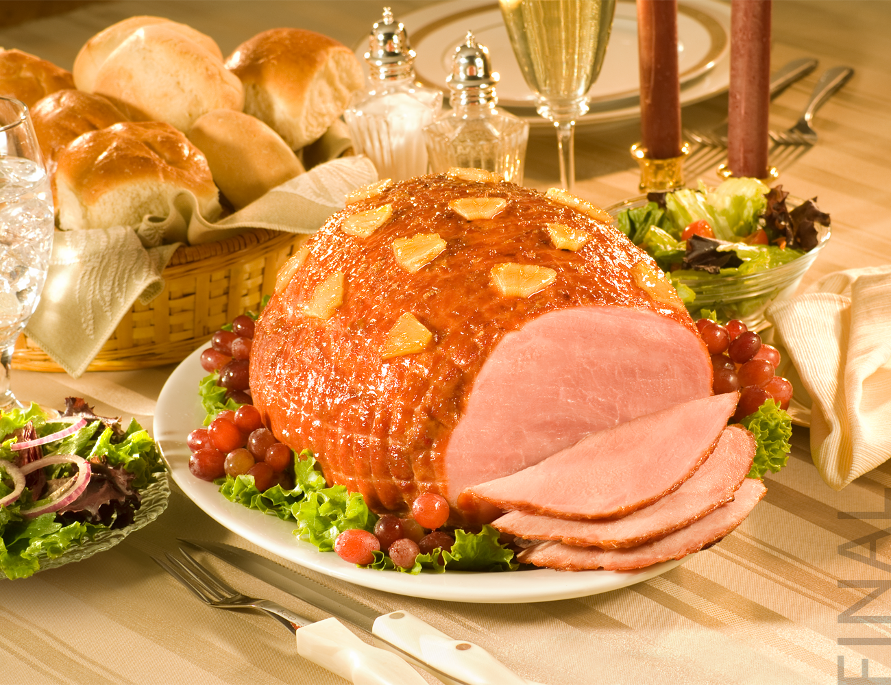 ham and dishes on table after retouch