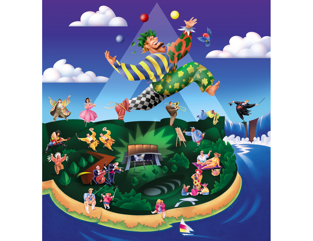 Stylistic illustration of giant jester stepping over auditorium for ArtPark Lewiston NY