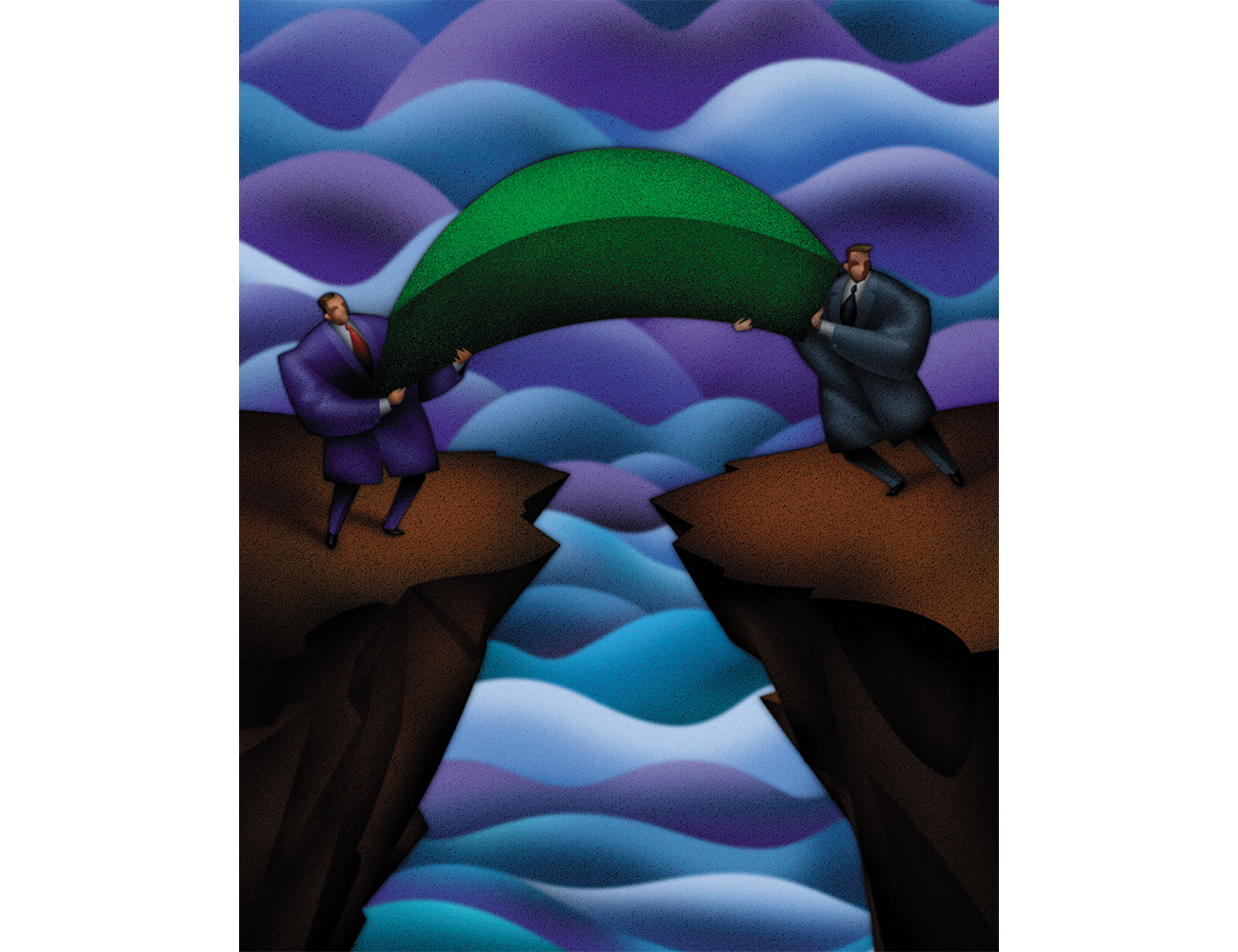 Stylistic illustration of two men holding a bridge over a gorge