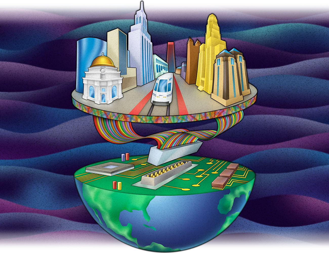 Stylistic illustration of a trolley car over a half globe revealing circuitry