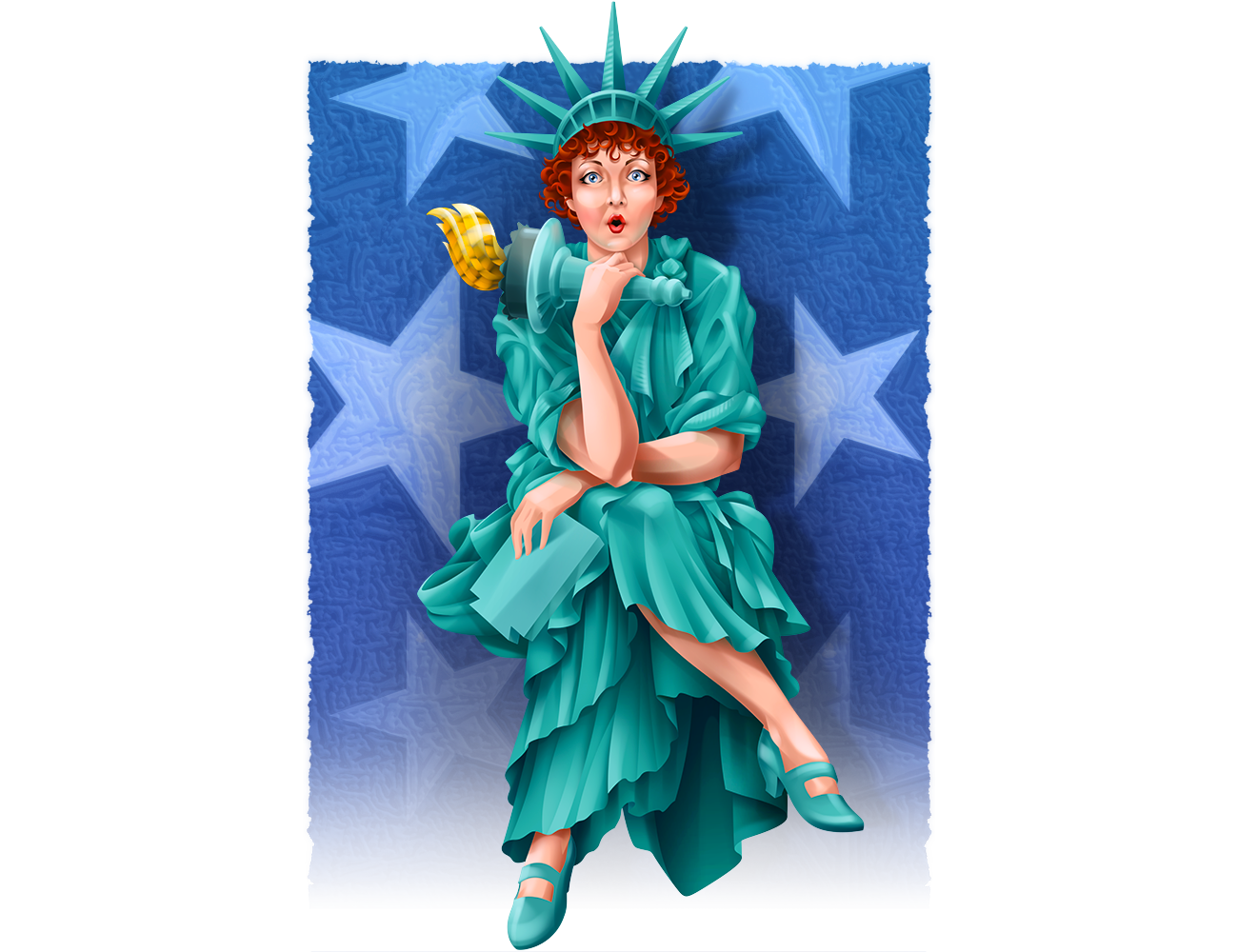 Stylistic illustration of Lady Liberty as a flapper