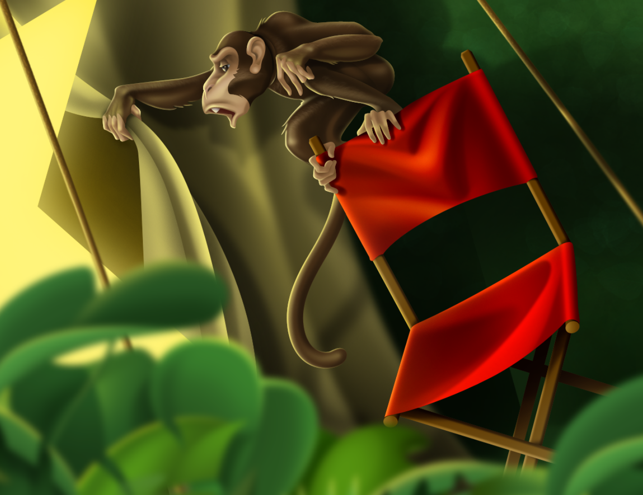 Stylistic illustration of monkey peeking into a tent