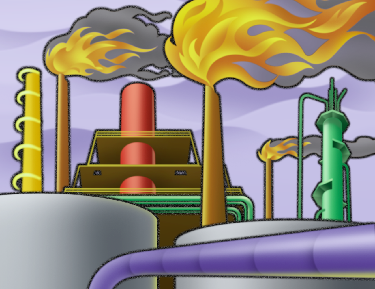 Stylistic illustration of a scientist in hardhat in front of chemical refinery