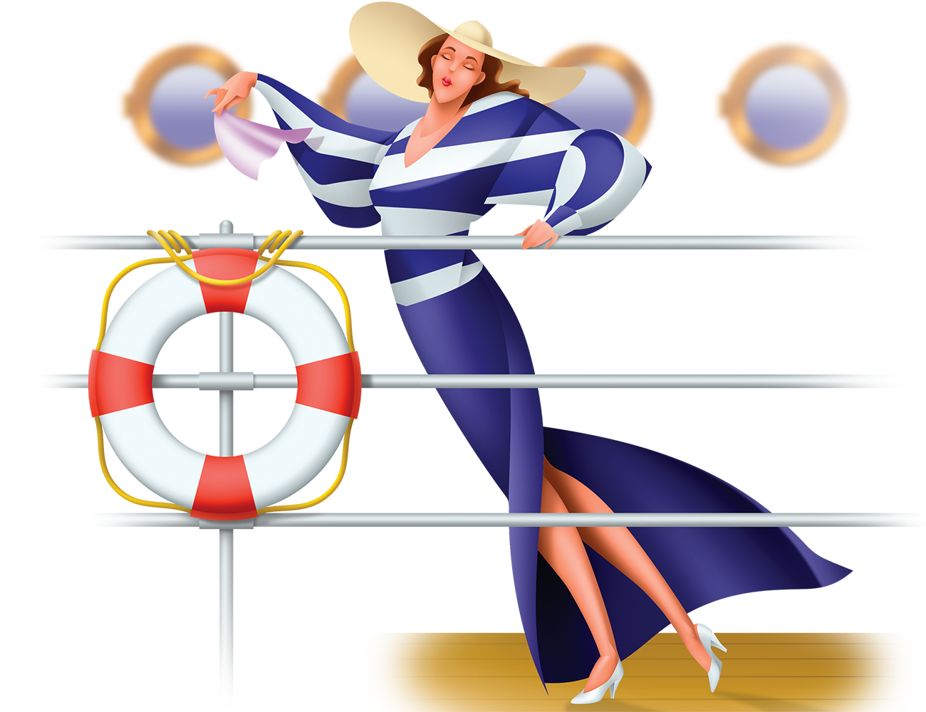 Stylistic illustration of woman on ship for the play The Unsinkable Molly Brown