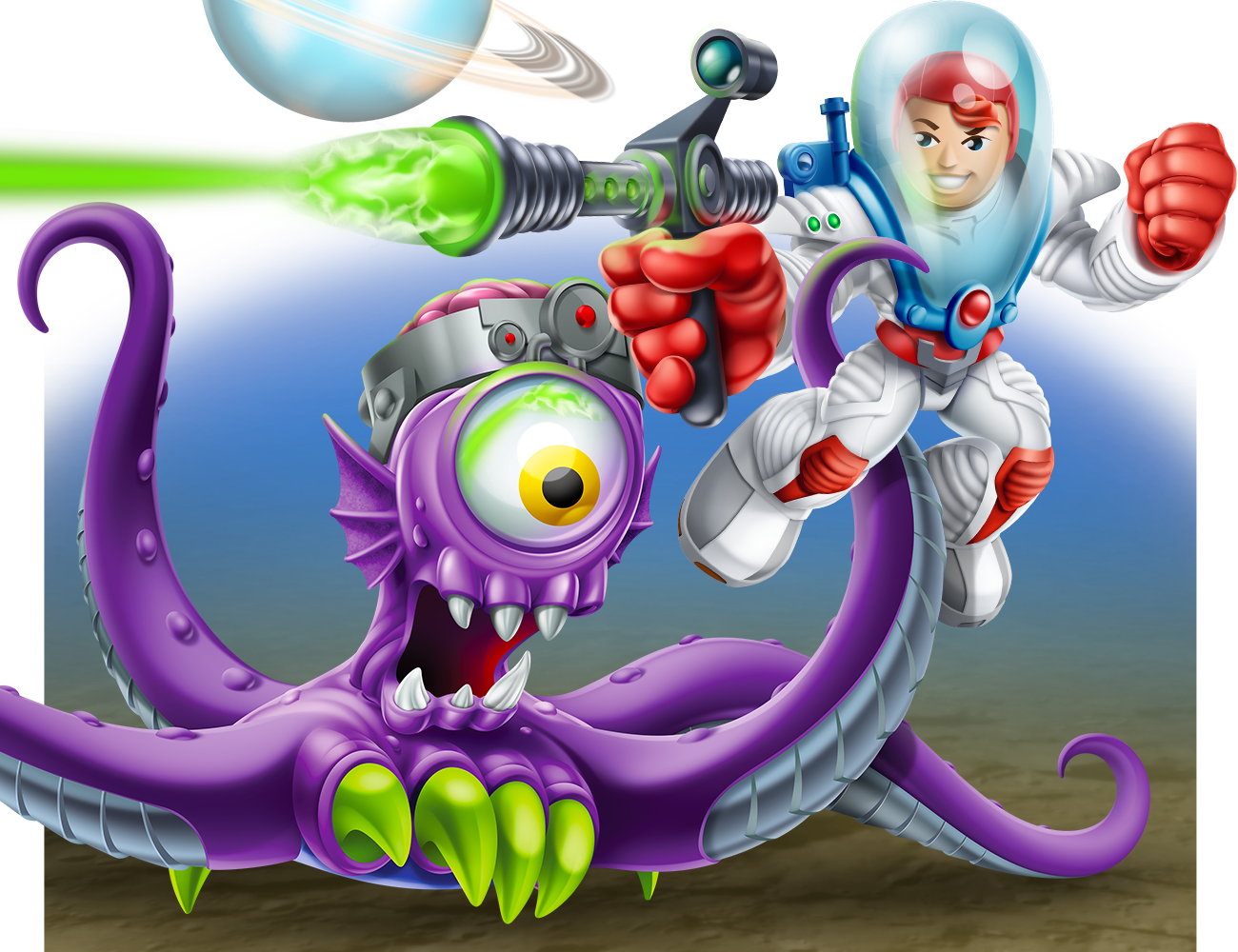 Stylistic illustration of Fisher-Price characters engaged in battle
