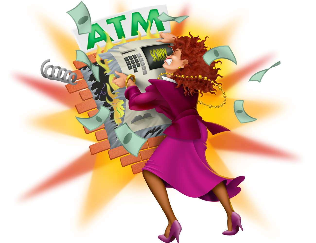 Stylistic illustration of distraught woman banging on ATM machine