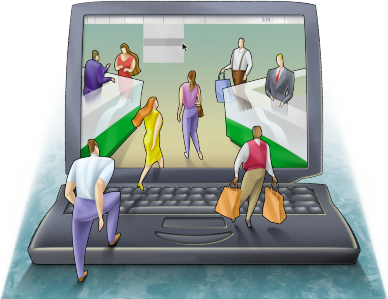 Stylistic illustration of people entering an online store by walking through laptop screen