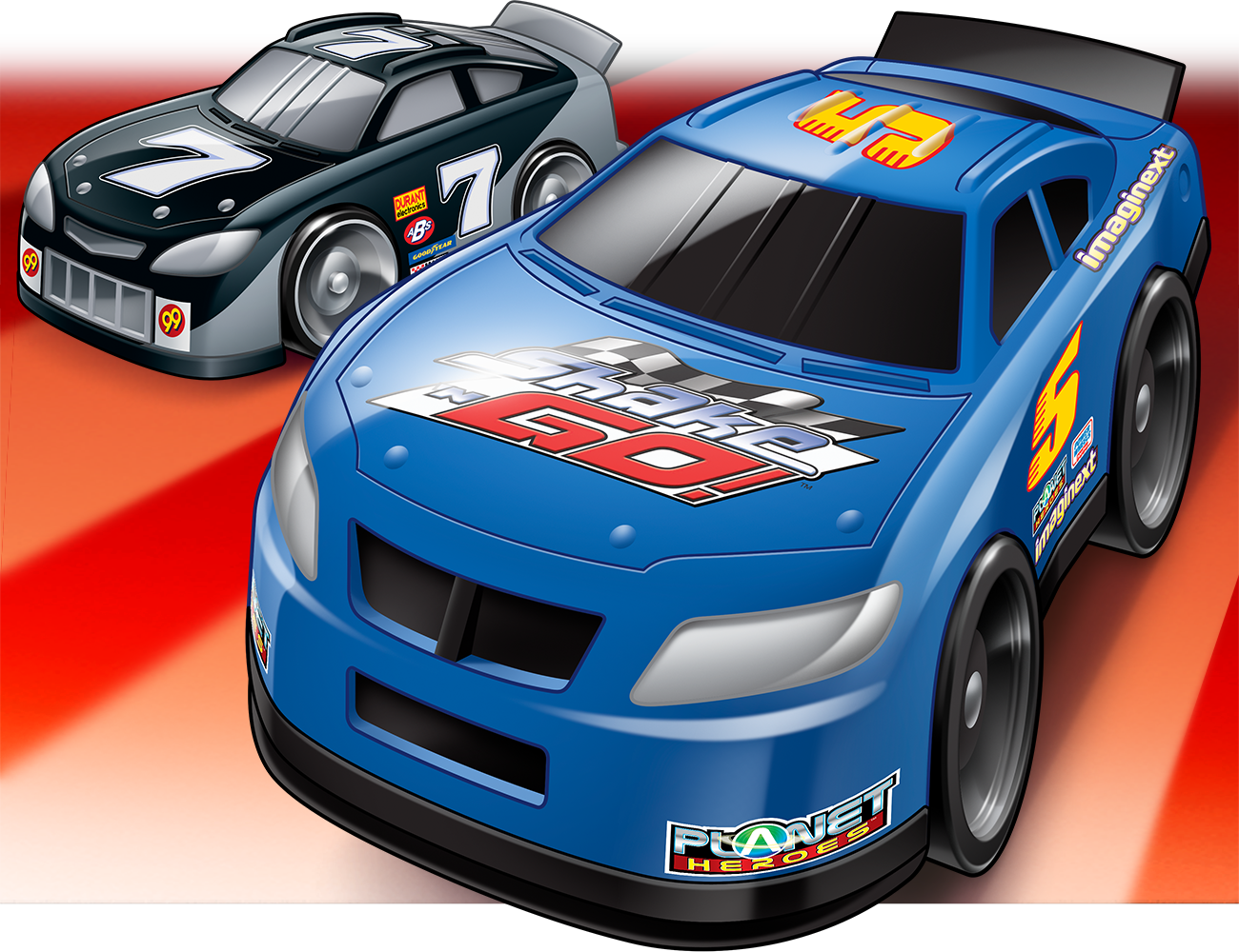 Stylistic illustration of Fisher-Price racing cars