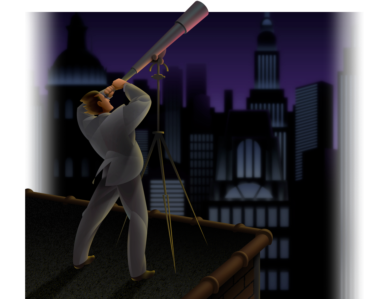 Stylistic illustration of man on city building roof looking through a telescope