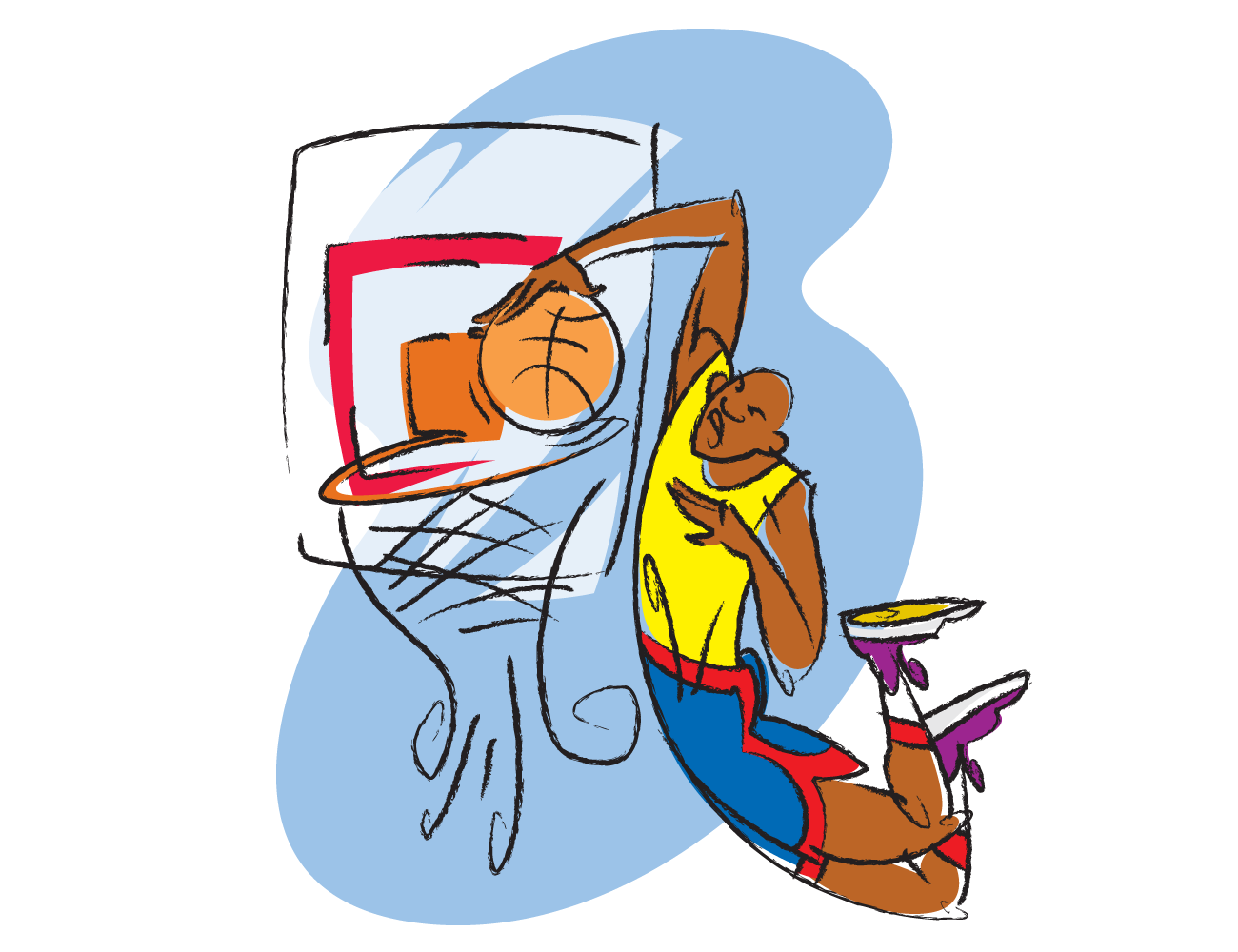illustration of a basketball player slam-dunking done in a swirly line fashion