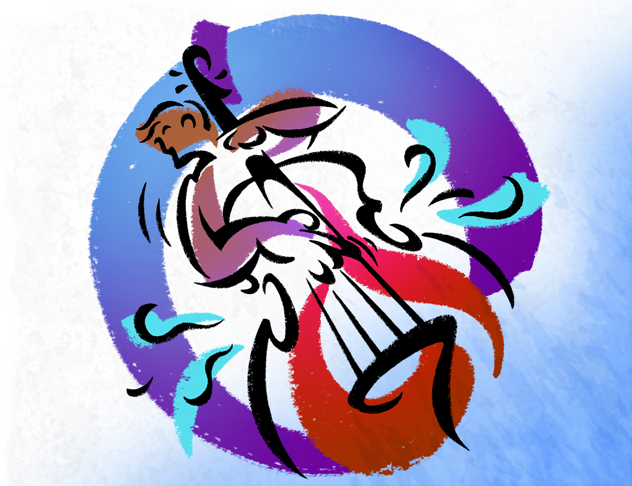 illustration of stand-up bass player done as lively paint swashes