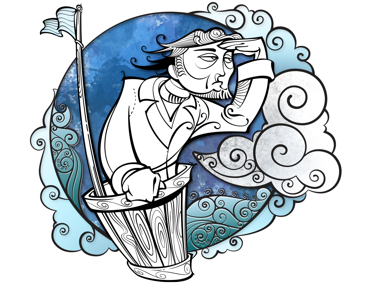 illustration of a sailor in the crow's nest of a ship done in a graphic swirl fashion