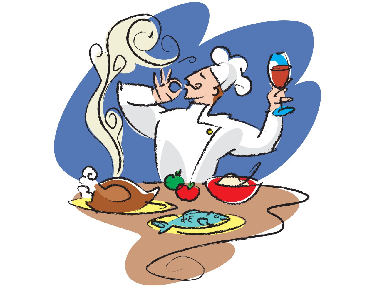 illustration of a chef in front of a cooked turkey done in a swirly line fashion