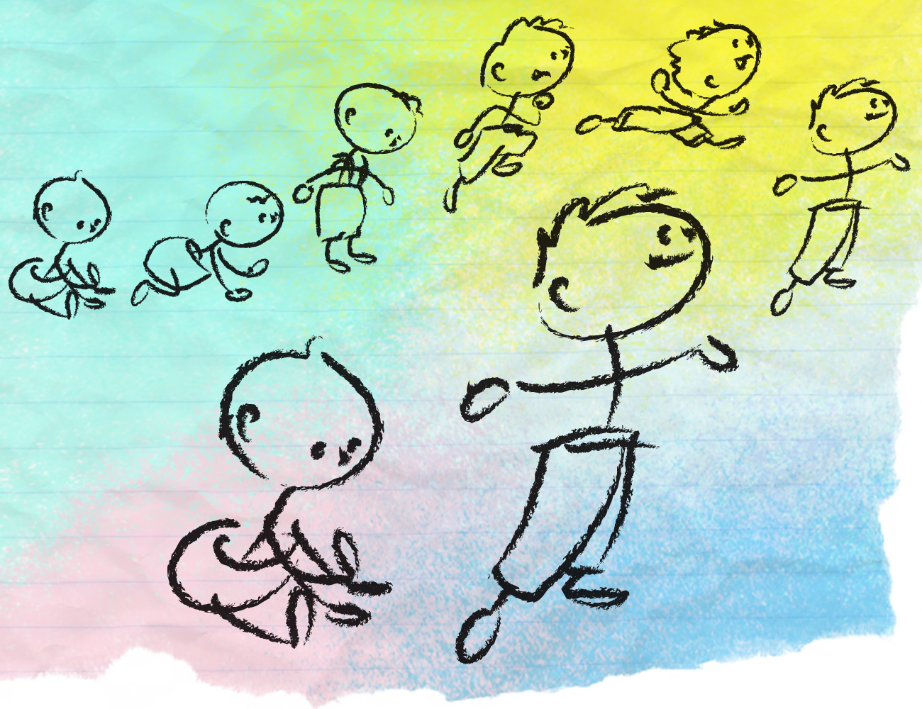 illustration of a child at different stages done in a child-like sketchy style