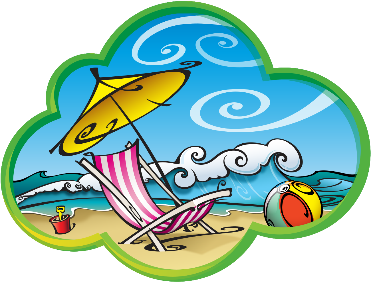 illustration of a beach chair, umbrella and beachball done in a swirly line fashion
