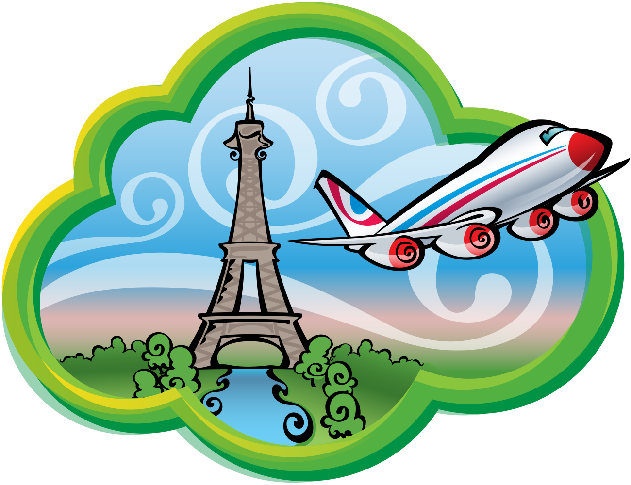 illustration of a jet and eiffel tower done in a swirly line fashion