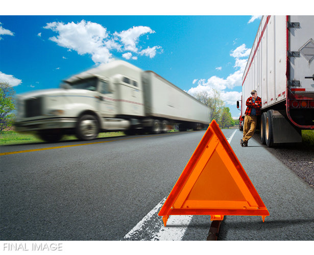 CLIENT :<br>Eaton Corporation<br><br>RETOUCHING INCLUDES:<br>1) Stalled truck was silhouetted and its perspective distorted to match that of the rest of the image<br>2) Moving vehicle was placed into base background and blurred to increase the appearance of speed<br>3) Pavement was cleaned up, including the removal of all litter<br>4) Flop and clean up emergency triangle<br>5) Create new shadows<br>6) Family all elements