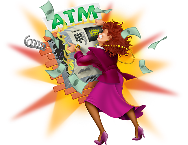 LePine Studios - 289 Design: stylized illustration of woman struggling with faulty ATM