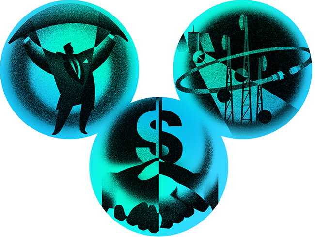 LePine Studios - Buffalo Niagara Partnership: icons in granular style to match poster style: bridging, telecom, financial deals