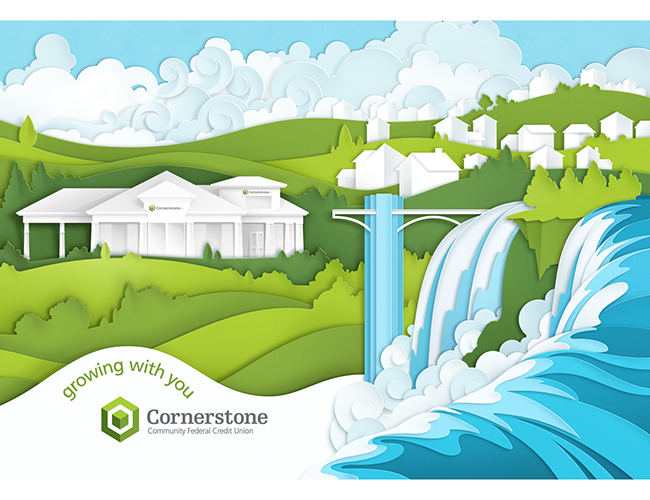 LePine Studios - Columbus McKinnon: brochure cover illustration of CM hook and chain hoisting the globe