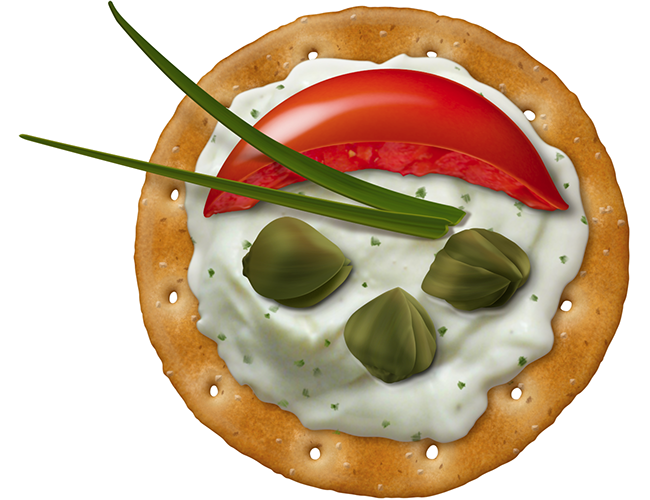 LePine Studios - Sorrento Lactalis Commercial: realistic illustration of cracker with cheese spread with garnish