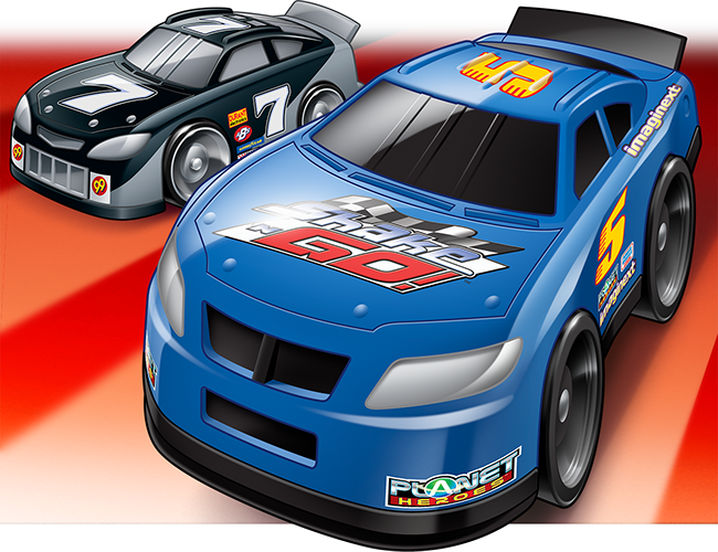 LePine Studios - Fisher-Price: stylized illustration for Tradeshow display of Imaginext® Shake'n'Go toy cars