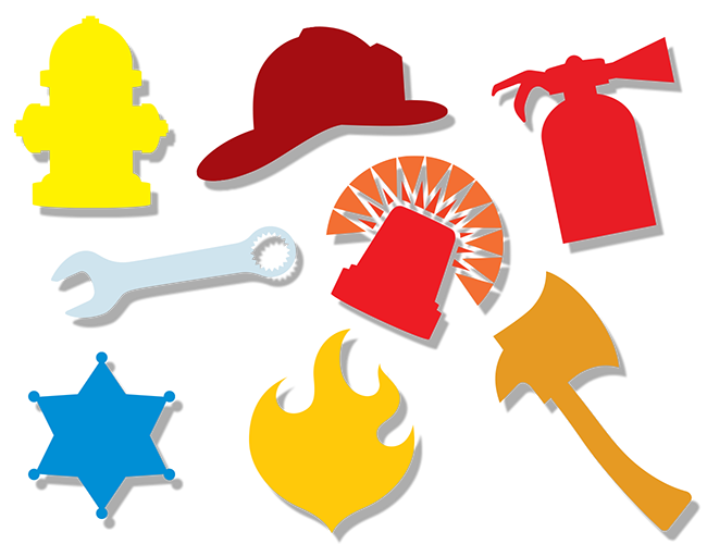 LePine Studios - Fisher-Price: first responder: hydrant, fman's helmet, extinguisher, wrench, siren, police, fire, and axe