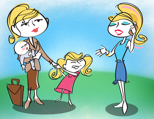 LePine Studios - EMA: cartoon illustration of 'Suzy Q hero' as haggered mom and talking on phone