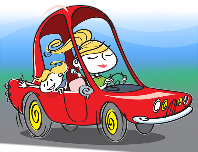 LePine Studios - EMA: cartoon illustration of 'Suzy Q hero' driving kids in car