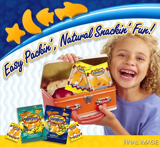 CLIENT :<br>Sorrento Lactalis Commercial, Inc.<br><br>RETOUCHING INCLUDES:<br>1) Silhouette figure<br>2) Remove forehead vein<br>3) Fix teeth sparingly, but not too perfect<br>4) Bring blouse further up onto shoulder<br>5) Add Shapesters® packets to lunchbox<br>6) Create and Add ad graphics